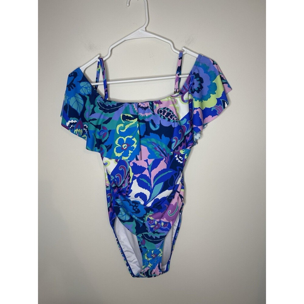 Tahari Swimsuit Off The Shoulder Ruffle Blue Watercolor Floral Sz Medium #1299
